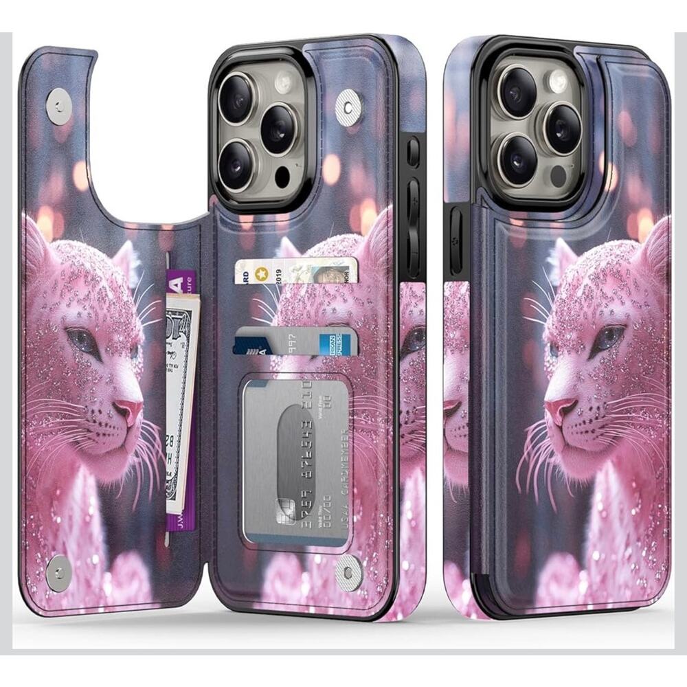 iPhone 15 Pro leather Wallet Case with Card Holder + Cash Clip Pink Leopard